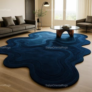 Modern Deep Blue Irregular Shape Hand Tufted 6x9 Kids Room Rug, 9x12 Wool Area Rug for Living Room, Handmade Custom Odd Shape Rugs