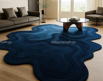 Modern Abstract Blue Irregular Shape Rug – Hand-Tufted Contemporary Area Carpet for Living Room, Bedroom & Office Decor