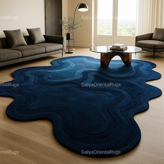 Modern Abstract Blue Irregular Shape Rug – Hand-Tufted Contemporary Area Carpet for Living Room, Bedroom & Office Decor
