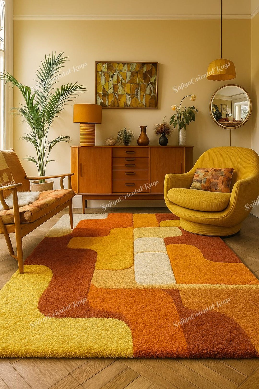 Retro Geometric Area Rug – Handmade Tufted Carpet in Orange, Yellow ...