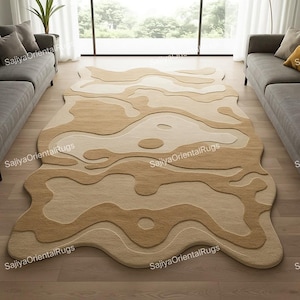Hand-Tufted Abstract Wool Rug: Wavy Beige & Tan Irregular Shape