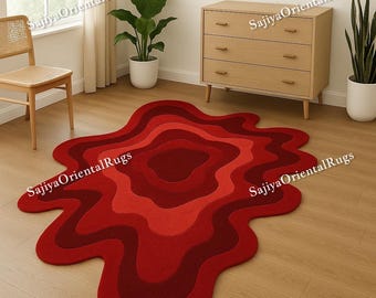 Hand-Tufted Wool Rug: Abstract Red Irregular Shape, Modern Decor