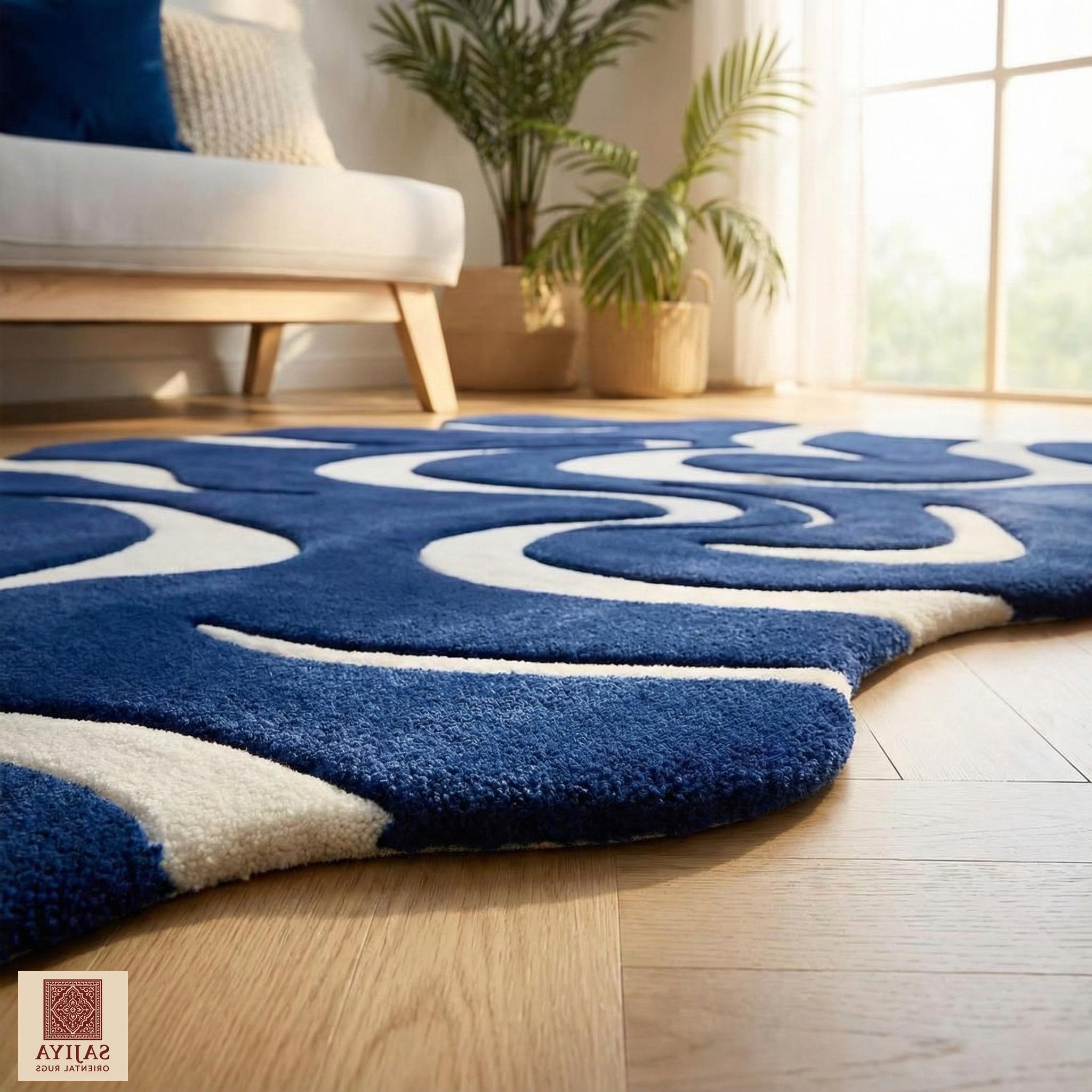 Abstract Blue Rug Pattern Hand Tufted Abstract Blue Rug, Modern Wave Area Rug, Navy & Ivory Wool ...