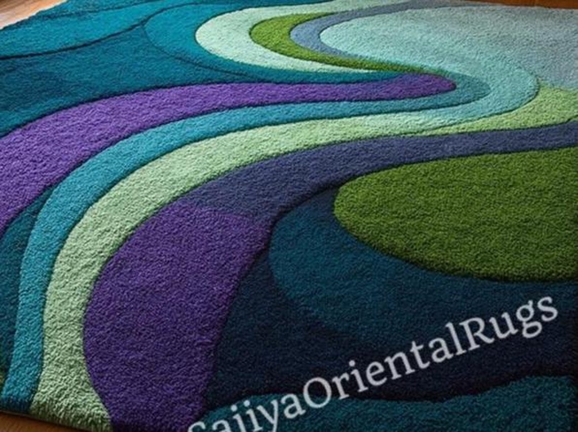 Handmade Retro Carpet, Mid Century Modern Wave Rug in Bold Blue & Green ...