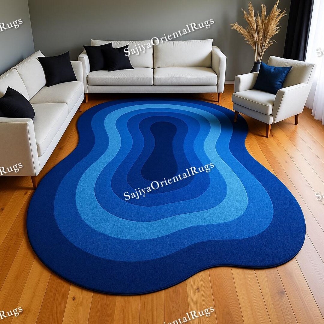 Blue Abstract Wave Rug: Handmade Wool Area Carpet - Etsy