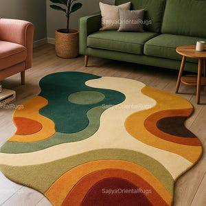 Abstract Irregular Shape Rug with Earth Tone Waves – Handmade Soft Wool Area Rug for Living Room, Bedroom, and Modern Home Decor