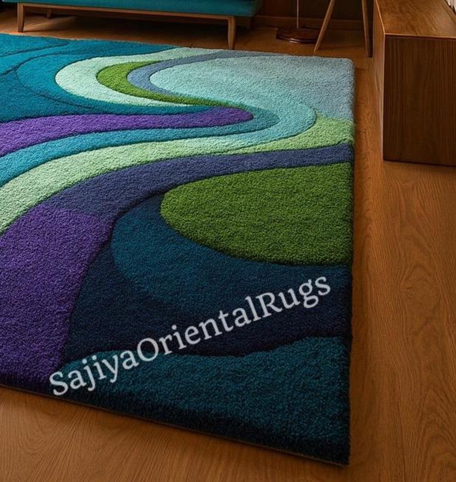 Handmade Retro Carpet, Mid Century Modern Wave Rug in Bold Blue & Green ...