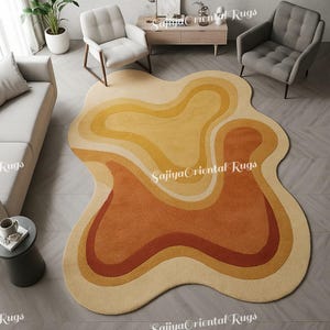 Modern Wavy Abstract Rug – Retro Irregular Shape Area Carpet in Orange & Yellow for Living Room, Bedroom, Aesthetic Home Décor