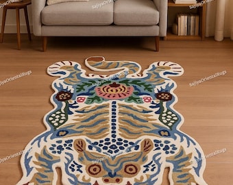 Boho Animal Tiger Rug – Hand Tufted Blue and White Carpet, Safari Jungle Decor Accent, Modern Animal Shaped Rug for Living Room or Bedroom