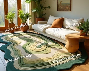 Alfombra moderna verde ondulada – Alfombra abstracta 3D en capas para sala de estar, alfombra artística de forma irregular única, decoración para el hogar inspirada en la naturaleza