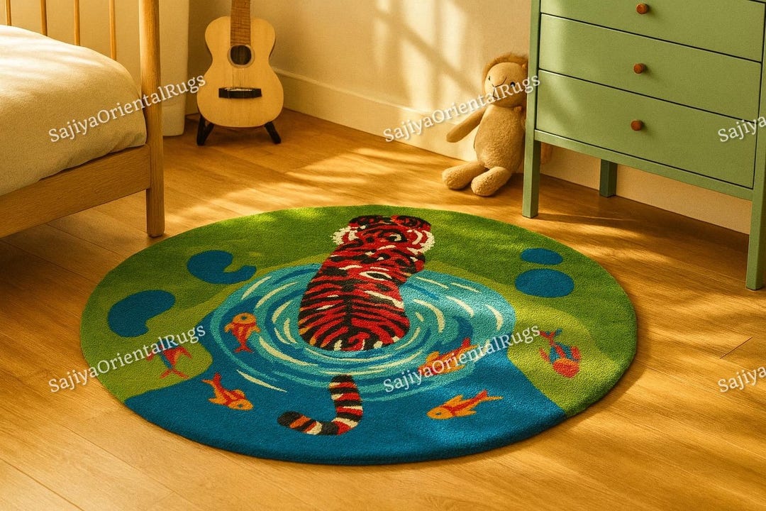 Round Animal Rug Handmade Tiger Round Rug – Colorful Jungle Animal Kids Carpet With Fish ...