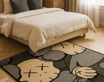 Modern KAWS Inspired Rug | Hand Tufted Cartoon Character Rug | Street Art Style Area Rug | Contemporary Pop Art Floor Carpet for Living Room