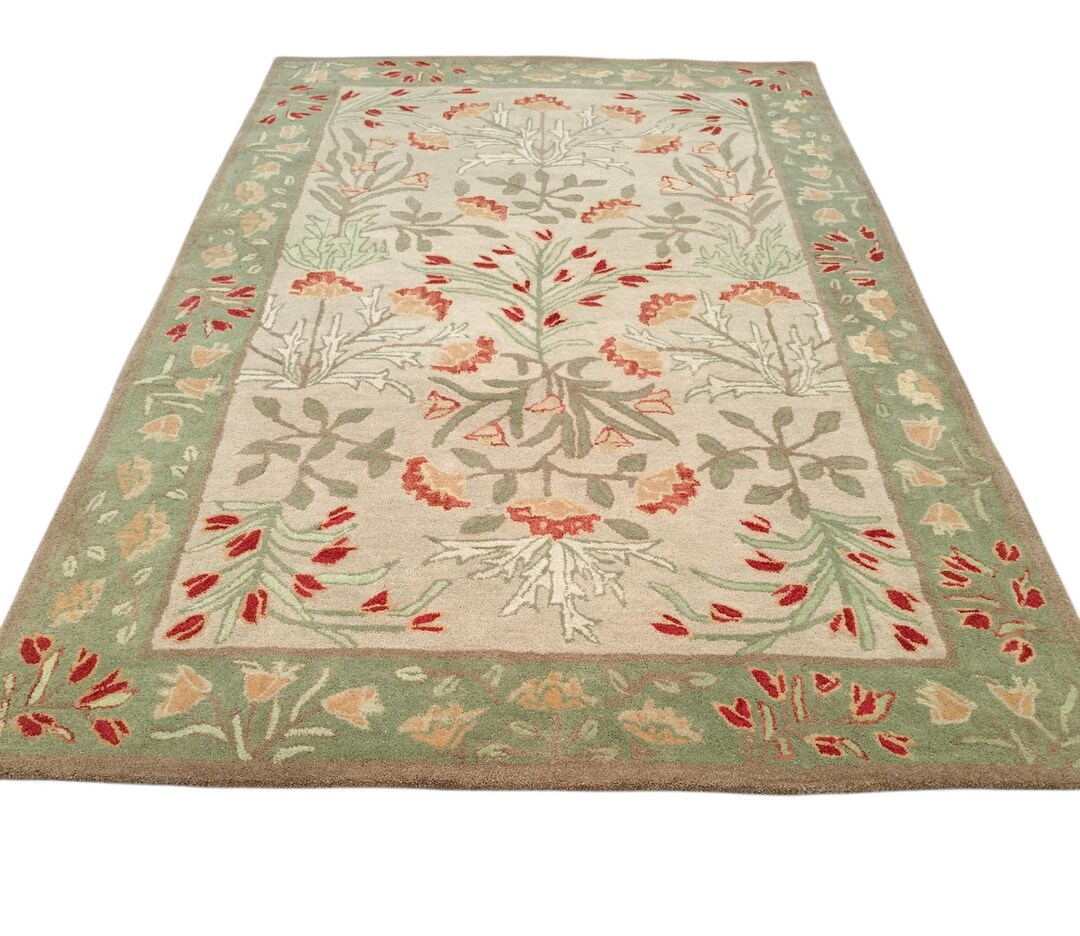 Handmade Wool Floral Rug | Vintage Botanical Area Rug in Green Red and ...