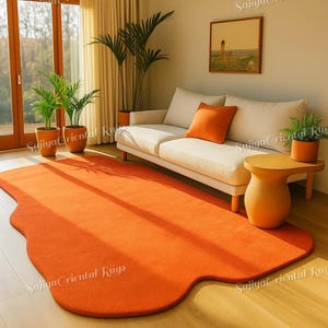 Modern Orange Abstract Rug – Unique Wavy Edge Carpet for Living Room, Contemporary Statement Area Rug, Bold Minimalist Home Decor