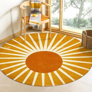 Retro Sunburst Wool Rug: Mid-Century Modern Orange Yellow Carpet