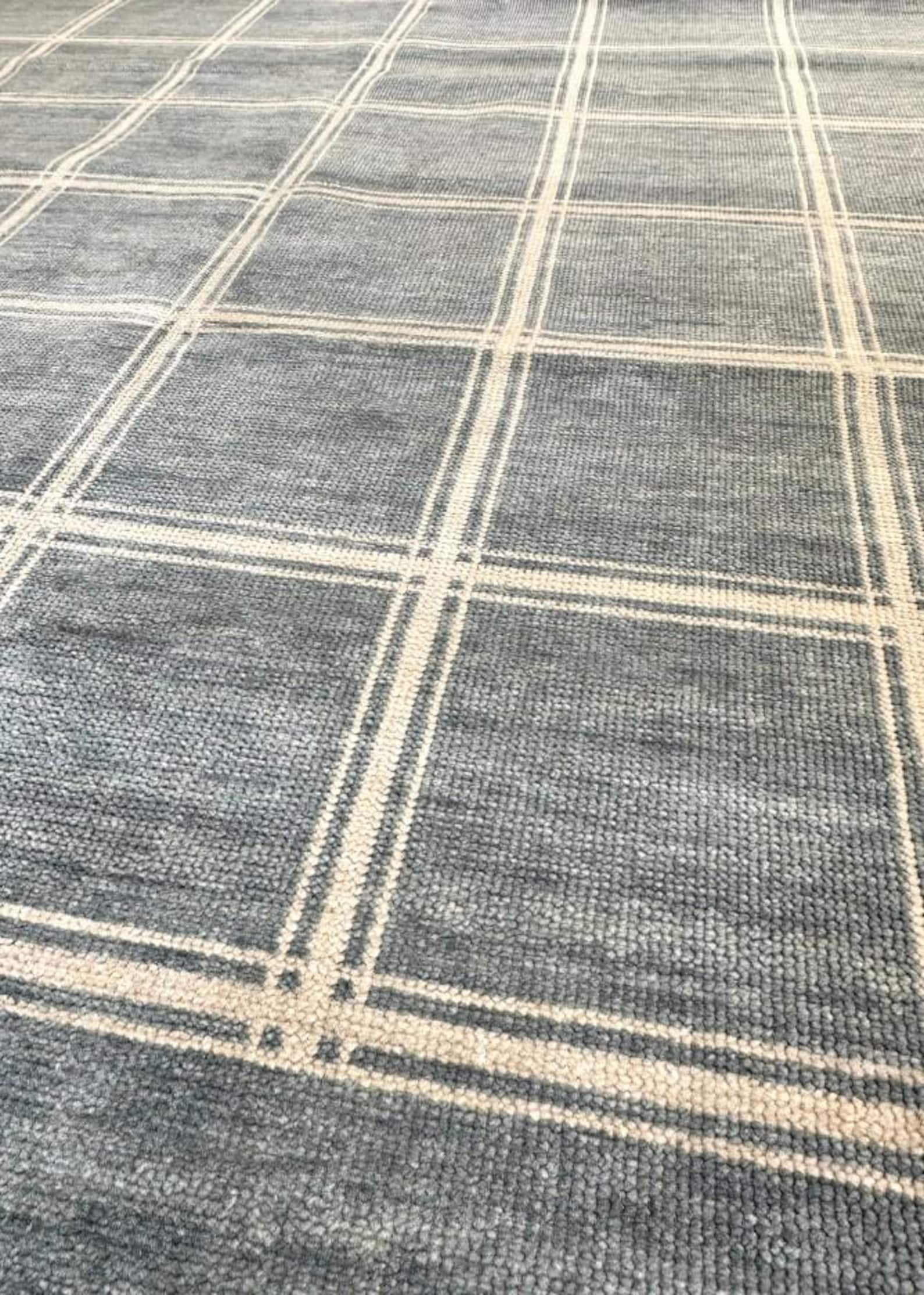 Handmade Checkered Area Rug – Modern Blue Plaid Wool Rug for Living ...