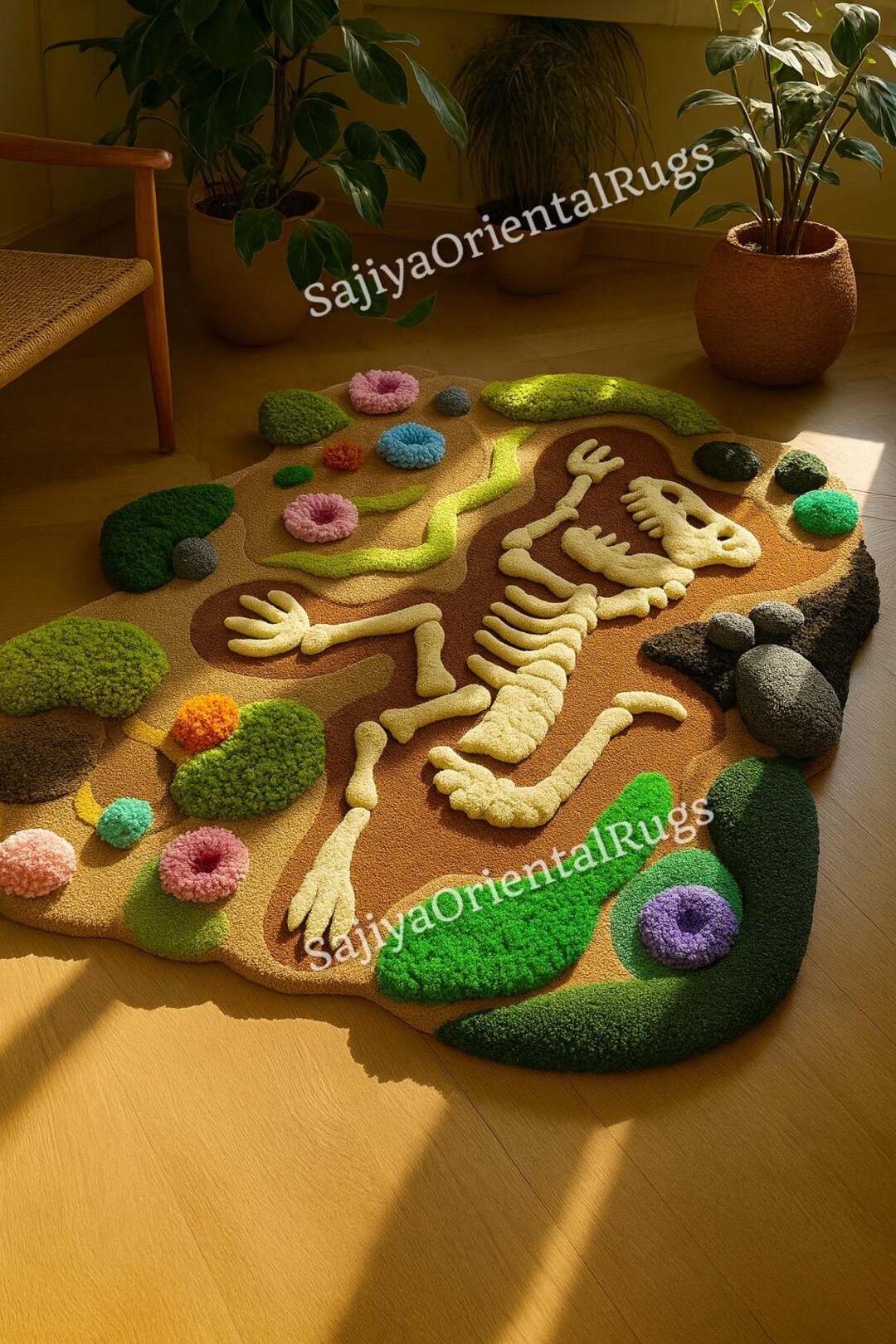 3D Fossil Skeleton Rug – Hand-tufted Wool Dinosaur Bones & Flowers ...