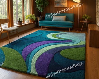 Handmade Retro Carpet, Mid Century Modern Wave Rug in Bold Blue & Green Tones, 3D Layered Wool Abstract Topographic Area Rug for Living Room