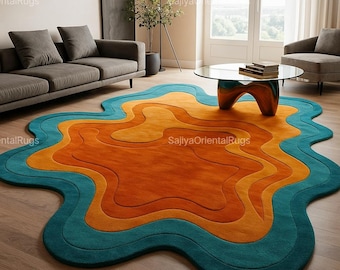 Modern Orange and Teal Abstract Rug – Wavy Edge Statement Area Carpet, Contemporary Handmade Floor Rug for Living Room or Bedroom Decor