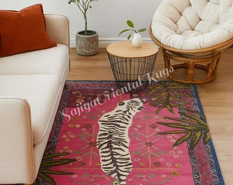 Pink Zebra Print Rug – Modern Boho Animal Design Carpet | Colorful Handmade Area Rug 5x7, 6x9, 8x10, for Living Room, Bedroom & Home Décor