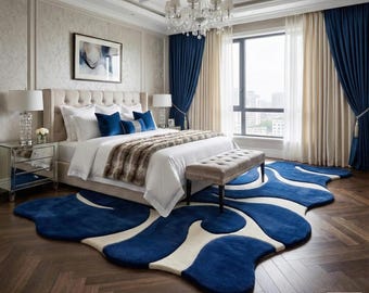 Hand Tufted Abstract Blue Rug, Modern Wave Area Rug, Navy & Ivory Wool Carpet, Luxury Living Room Decor, Custom Size Rug
