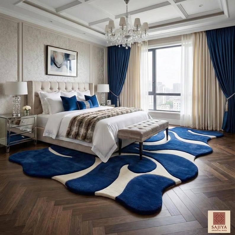 Hand Tufted Abstract Blue Rug, Modern Wave Area Rug, Navy & Ivory Wool ...