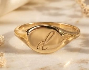 Solid Gold Engraved Oval Signet Ring, Personalized Initial Ring