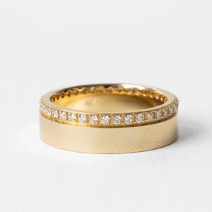 14k Gold Pave Accent Cigar Wedding Band with Brilliant cut Round Diamond Chevron, Women’s Thick 5mm Cut Out Design Ring