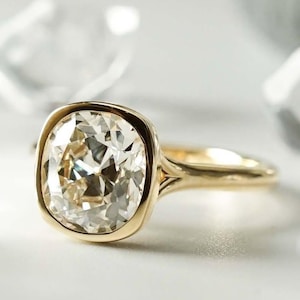 Old Mine Cushion Cut Moissanite Ring - Vintage Bezel Set Engagement Ring - Antique Style Moissanite Ring - Handmade Dainty Gold Silver Ring