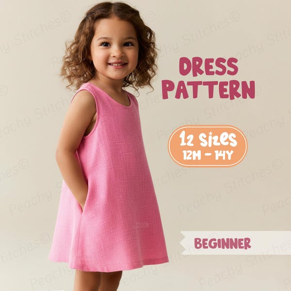 Naaipatroon kinderjurk voor meisjes Linnen jurkpatroon voor peuters (12 M-14 jaar)