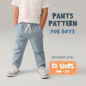 Patrón de pantalones para niño - Patrón de costura para pantalones con bolsillos para tela tejida, patrones en PDF para niños