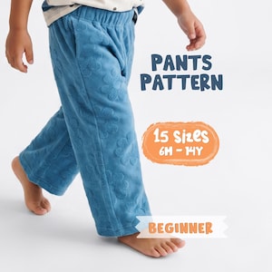 May include: Blue trousers with an embossed flower pattern, featuring an elastic waistband. Text on the image reads: PANTS PATTERN, 15 SIZES 6M - 14Y, and BEGINNER. The trousers have a straight-leg cut and a soft, textured fabric finish throughout the design.
