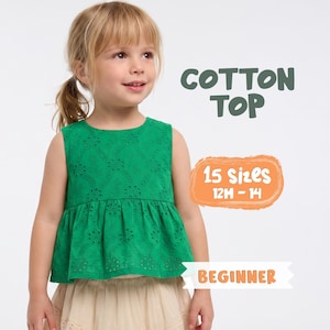 Puede incluir: Una blusa de algodón verde sin mangas con detalles calados y un dobladillo con volantes. La imagen incluye el texto "COTTON TOP" y "15 Sizes 12M - 14". La palabra "BEGINNER" también es visible. La blusa se combina con una falda beige.