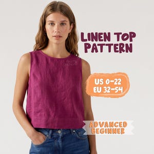 Può includere: Un top senza maniche in lino magenta con scollo rotondo e orlo corto. È visualizzato il testo LINEN TOP PATTERN, US 0-22, EU 32-54 e ADVANCED BEGINNER. Il capo è indossato con jeans blu con un bottone e una tasca ben visibili.