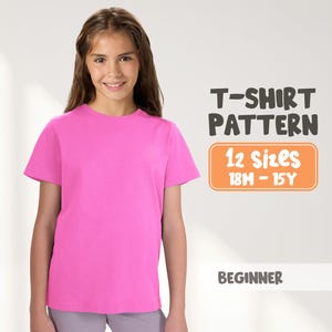 May include: A vibrant pink t-shirt. The image features text: "T-SHIRT PATTERN" and "12 Sizes 18M - 15Y" in an orange rectangle. The word "BEGINNER" is also visible. The t-shirt is being worn by a person.