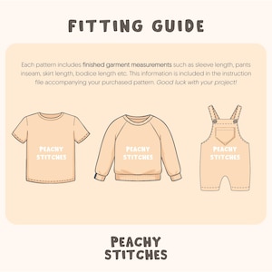 Peut inclure: Illustration d'un guide de tailles en p&ecirc;che, avec un t-shirt, un sweat-shirt et une salopette. Chaque v&ecirc;tement porte l'inscription "PEACHY STITCHES". Le texte "FITTING GUIDE" est en haut. Le guide fournit des mesures de v&ecirc;tements.