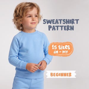 May include: A light blue long-sleeve sweatshirt with ribbed cuffs and hem. Text on the image reads: SWEATSHIRT PATTERN, 15 sizes 6M - 14Y, and BEGINNER. The garment features a crew neckline and raglan sleeves in a solid light blue color.