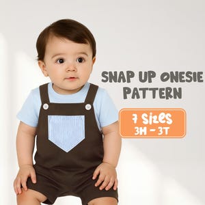 May include: A baby wearing a brown snap-up onesie with a light blue pocket and a light blue t-shirt underneath. The text on the image says "SNAP UP ONESIE PATTERN" and "7 Sizes 3M - 3T".