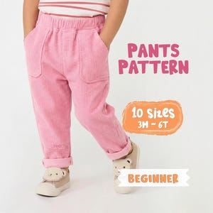May include: Pink corduroy trousers with pockets, part of a pants pattern. The image includes text that says "Pants Pattern", "10 Sizes 3H-6T", and "Beginner". The trousers are cuffed at the ankles.