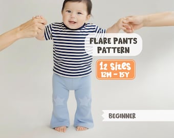 Patrón de pantalones acampanados para niños pequeños, patrón de leggings acampanados para niños, patrón de costura de pantalones, patrón de pantalones de yoga (descarga en PDF, 12 meses a 15 años)