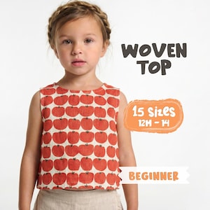 May include: A sleeveless woven top for children, patterned with red tomatoes on a cream background. The top is labeled "Woven Top" and "15 Sizes 12M - 14". The word "Beginner" is also visible. The top is worn by a young child.