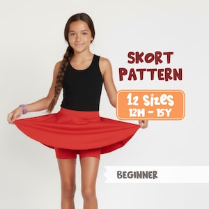 Padrão de saia-calça para meninas, padrão de saia com shorts embutido para crianças, padrão de costura de saia de dança, padrão de saia atlética 12 tamanhos