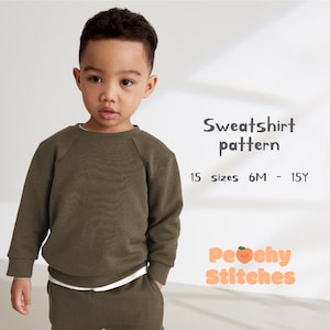 May include: A young child wearing an olive green sweatshirt and matching pants. The sweatshirt has a crew neck and long sleeves. Text on the image reads "Sweatshirt pattern" and "15 sizes 6M - 15Y". The logo "Peachy Stitches" is also visible.