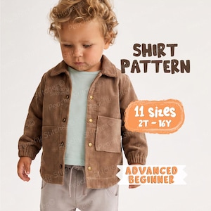 Może przedstawiać: Brązowa koszula sztruksowa zapinana na guziki z kołnierzykiem, długimi rękawami i kieszenią na piersi. Tekst na obrazku brzmi: SHIRT PATTERN, 11 SIZES 2T - 16Y oraz ADVANCED BEGINNER. Koszula jest założona na jasnoniebieski t-shirt i szare spodnie.