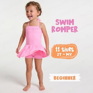 May include: A solid light pink swim romper with thin shoulder straps and a flared skirt overlaying fitted shorts. The text SWIM ROMPER, 11 SIZES 2T - 14Y, and BEGINNER are displayed in pink and orange lettering on a plain white background.