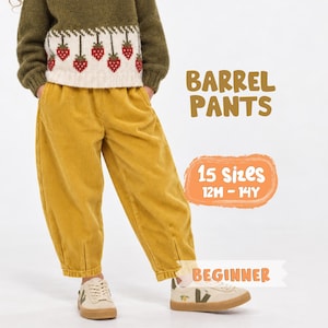 May include: Mustard yellow corduroy barrel pants with a relaxed fit and tapered cuffs. The image includes text reading BARREL PANTS, 15 sizes 12M-14Y, and BEGINNER. The pants are paired with a green sweater featuring a strawberry pattern and beige sneakers.