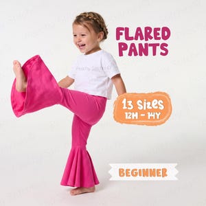 May include: Bright pink ribbed flared pants with a wide bell-bottom silhouette. The text on the image reads FLARED PANTS, 13 sizes 12M - 14Y, and BEGINNER. The pants are paired with a plain white short-sleeved t-shirt, creating a vibrant outfit.