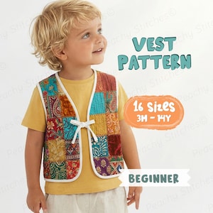 May include: A child's patchwork vest in vibrant colours, featuring a white trim and tie. The vest is made from patterned fabrics in red, blue, and gold. The image includes text: "Vest Pattern", "16 Sizes 3H-14Y", and "Beginner".