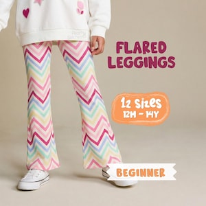 May include: Flared leggings featuring a vibrant chevron design in pink, yellow, blue, and green. The leggings are worn with white trainers. The image also displays the text "FLARED LEGGINGS", "12 Sizes 12H - 14Y", and "BEGINNER".