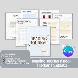 May include: A set of printable reading journal templates with a marble effect. The main journal cover says "Reading Journal" with a name underneath. Other pages include "Books to Read," "Reading Tracker," and "Book Review." The design is customisable in Canva.